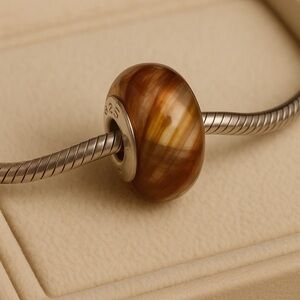 Chamilia Vivance Brown Plaid Murano Charm Bead EUC CHAMILIA .925 Core #247